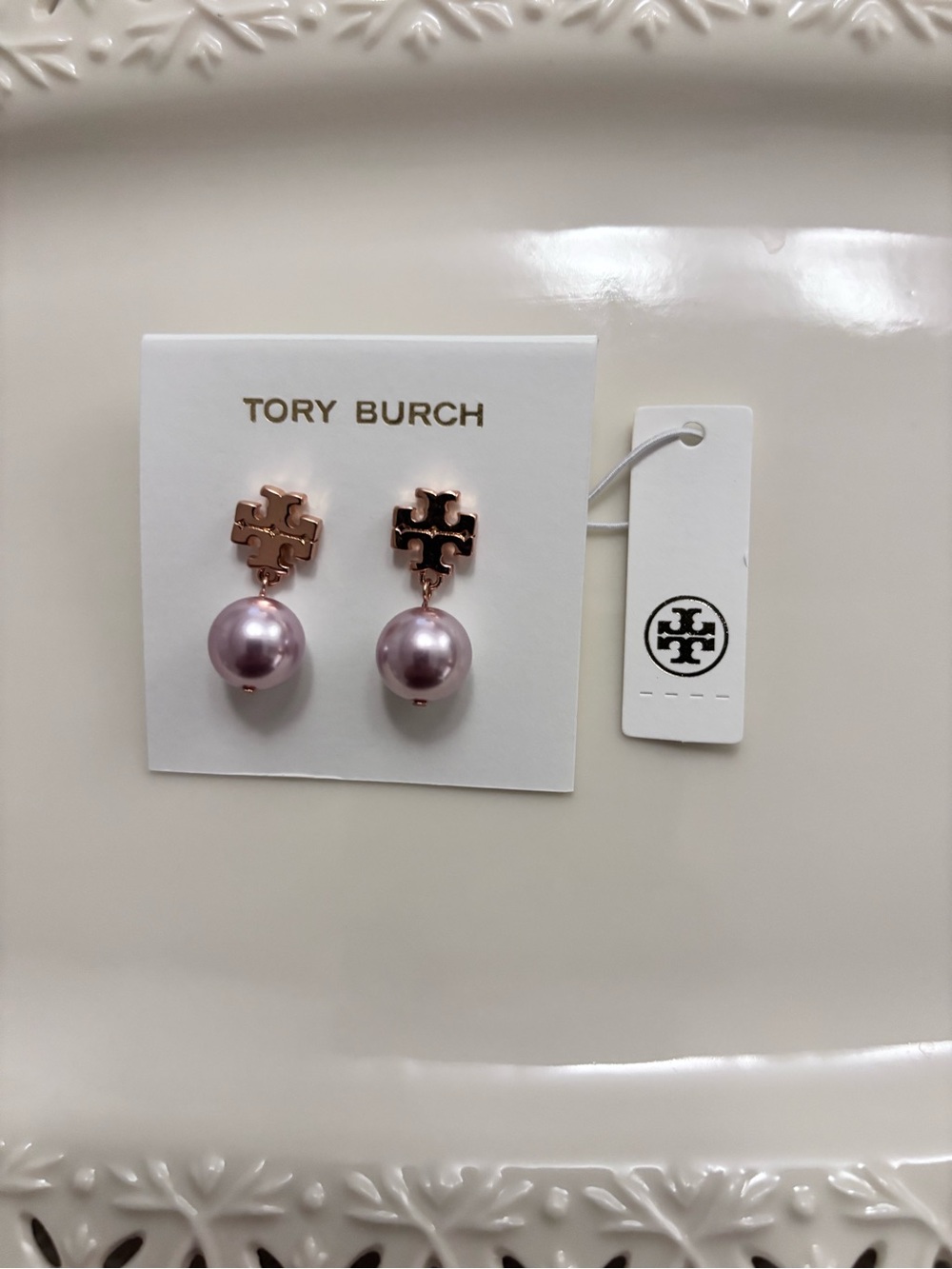 Tory Burch Rose Gold Logo Drop Earrings with Lavender Pearls